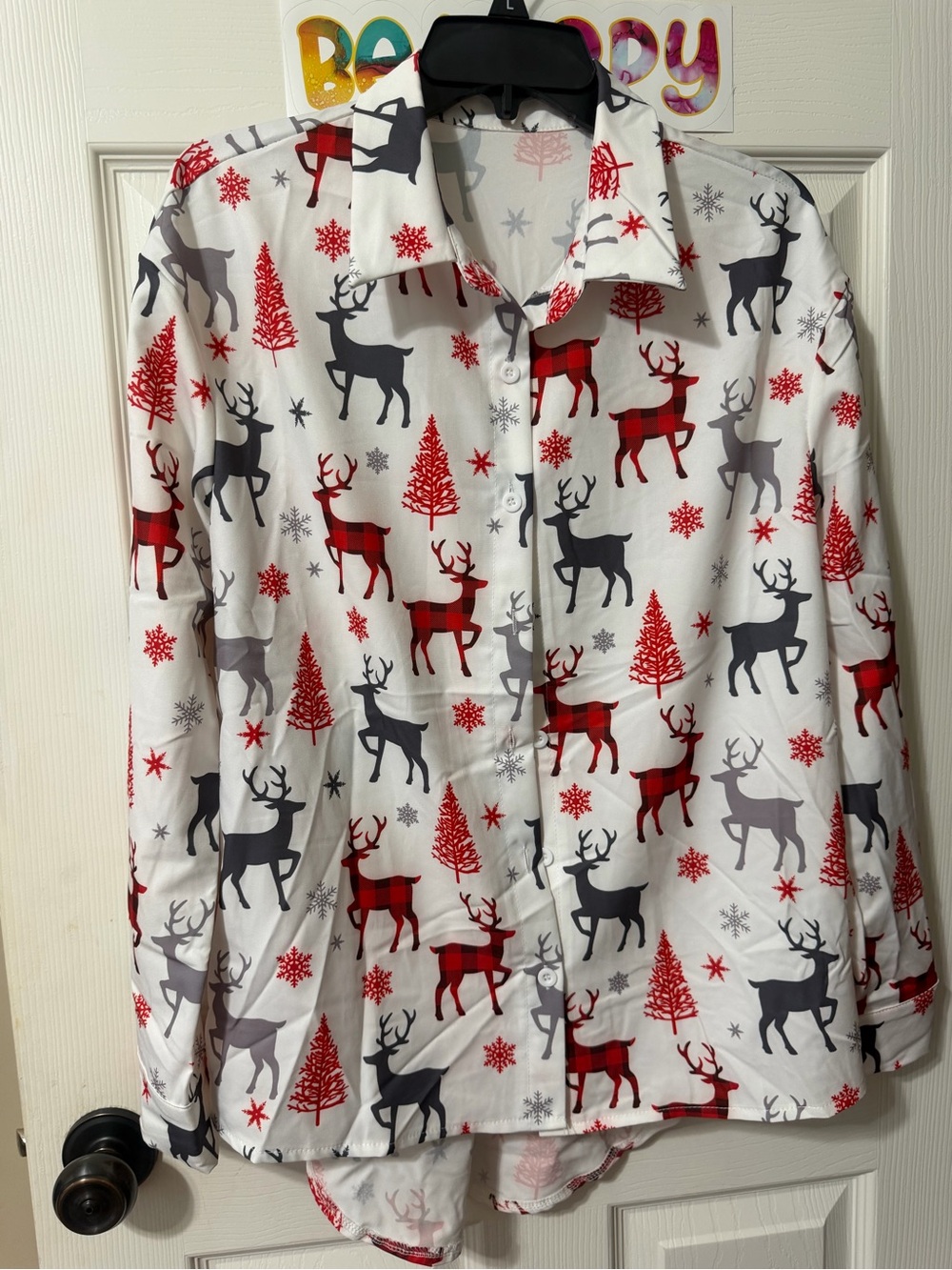 Women’s Holiday Reindeer Button-Up Blouse - White with Red & Gray